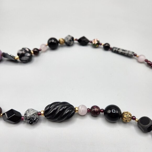 Stone Bead Necklace Rose Quartz Snowflake Obsidian Cloisonne Gradient 30" - Picture 7 of 13